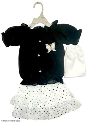 3 Pcs Girl's Cotton Printed Shirt And Skirt With Trouser