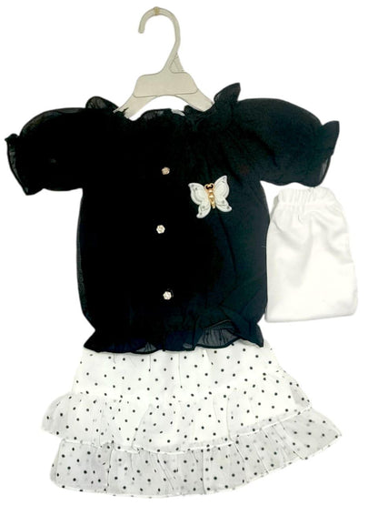 3 Pcs Girl's Cotton Printed Shirt And Skirt With Trouser